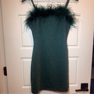 Elegant Teal Feather-Trimmed Dress size medium
